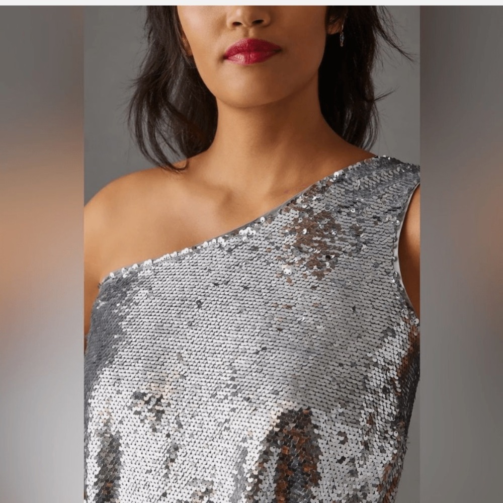 Anthropologie Silver Sequin One-Shoulder Midi Dress - Picture 4 of 8